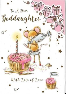 BIRTHDAY CARD TO A DEAR GODDAUGHTER - MOUSE ICING A CUPCAKE, PRESENTS - Picture 1 of 2
