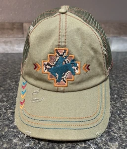Catchfly Aztec Adjustable Baseball Hat Bucking Bronco Cowboy Distressed Green - Picture 1 of 11