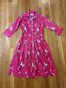 Samantha Sung Audrey Shirt Dress 3/4 Sleeve Pink Bird Pleated Midi Skirt 4