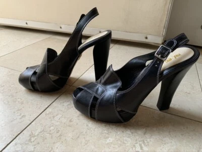 Gorgeous Retro L.A.M.B. Gwen Stefani Black Peep Toe 4.5" High Heels sz 9 NR! Foto 1 de 4