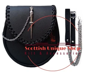 Escocés Real Cuero Negro KILT SPORRAN Pin Lock Kilt Sporran con Correa de Cadena - Imagen 1 de 3