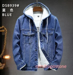 Men's Padded Warm Jacket Coat Winter Faux Fleece Lining Hooded Denim Casual New - Picture 1 of 23
