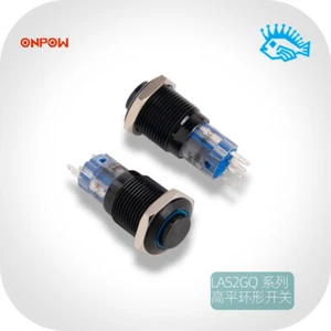 ONPOW LAS2GQ Schwarz Metall LED Licht Hoch Flach Selbsthemmend Taster Schalter 16mm - Bild 1 von 4