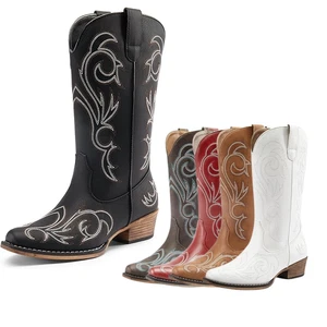 Women Cowboy Cowgirl Western Boots Square Toe Pull On Mid Calf Boots - Picture 1 of 28
