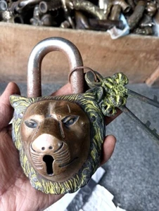 Vintage Home Lock Safety Protection Garden Safety Lucky Totem Lion Shape Two Key - Picture 1 of 11
