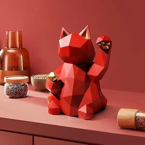 Red Geometric Abstract Minimalist Lucky Cat Figurine - Picture 1 of 11