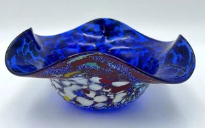 Murano Millefiori Fazzoletto Blue Ruffled Glass Bowl Hand-Made Artist Signed - Picture 1 of 12