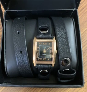 LA MER COLLECTIONS Black Triple Wrap Leather Watch wRose Gold Square Black Dial - Picture 1 of 6