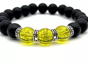 Matte Onyx, Peridot & Sterling Silver 10mm Gemstone Beaded Harmony Bracelet - Picture 1 of 4