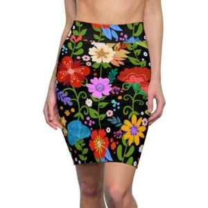 Falda lápiz para mujer - Cintura alta elástica - Estampado floral multicolor - Negra - Imagen 1 de 9