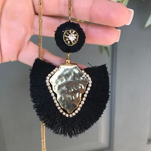 Anthropologie Jewelry | Long Statement Necklace | Hammered Gold Black Fringe - Picture 1 of 5