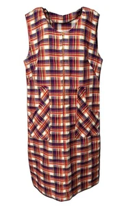 Vtg Dutchmaid Plaid Jumper Dress 70s Front-Zipper Deep Pockets 38 Blue Red Gold - Picture 1 of 18