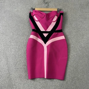 Vestido Herve Leger Vendaje Talla L Grande Rosa Negro Sin Tirantes Bodycon Cóctel - Imagen 1 de 12