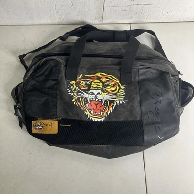 Ed Hardy Tiger Duffel 包黑色帆布健身房旅行包拉链口袋图形标志 — 第 1/4 张图片