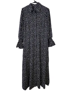 Chicos Womens Sz 1 Flecked Dot Maxi Shirt Dress Black White Long Sleeve - Picture 1 of 6