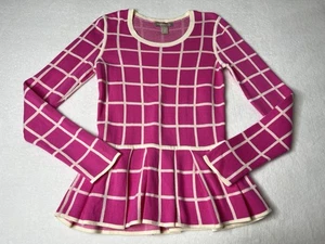 Blusa maglione Banana Republic Windowpane Peplum manica lunga rosa con volant S - Foto 1 di 7