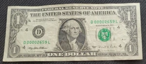 Low Serial Number/Major Ink Error One Dollar Bill 1995 Series D 00002659 L - Picture 1 of 9
