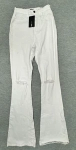 FashionNova Pants Womens 11 White Distressed Here To Stay Flare Jeans New - Picture 1 of 9
