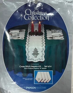 Vintage NOS Paragon CHRISTMAS GREENERY Stamped Cross Stitch 4 Napkins Kit 6441-2 - Picture 1 of 2