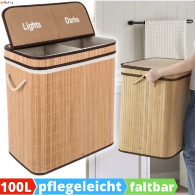 Wäschekorb 2 Fächer Bambus Deckel Wäschebox Wäschetonne Wäschesammler 100L - Bild 1 von 4