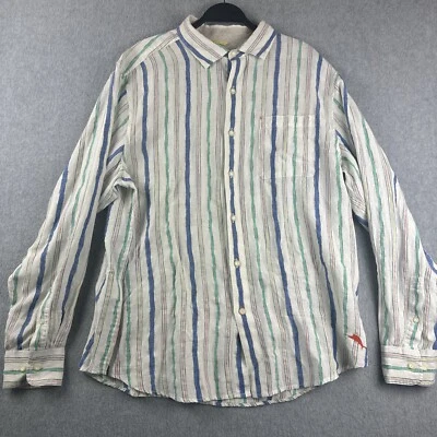 TOMMY BAHAMA Shirt Large Striped Linen Mens Long Sleeve Button Down $138 White - Image 1 of 4