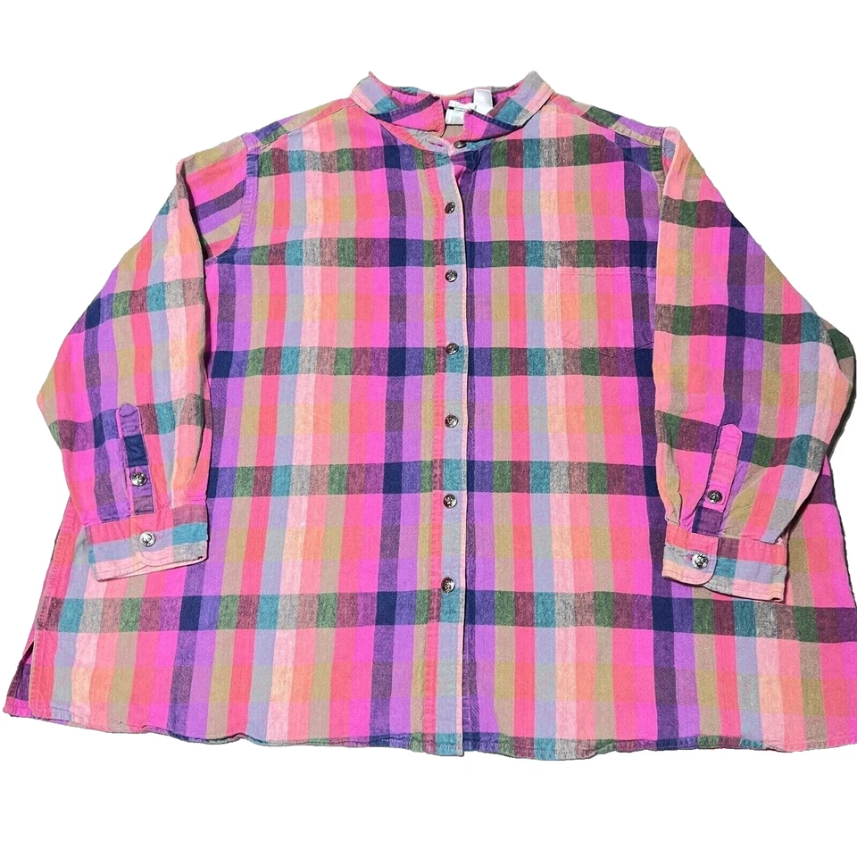 Camisa Roamans Mujer Plus 30W Rosa Cuadros Mezcla de Lino Playa Viaje Blusa Boho Foto 1 de 4