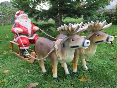 Rentier 2x Schlitten Set XL + Weihnachtsmann Santa Gespann 1,29m Weihnachtsdeko - Bild 1 von 3