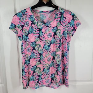 Lilly Pulitzer Etta Scoop Neck Tee Navy Shroom With A View Cotton Slub Top MED - Picture 1 of 7