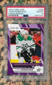 JASON ROBERTSON 2023 O-PEE-CHEE PURPLE BORDER SP GRADED PSA 8 NM-MT #/49 NHL - Foto 1 di 2
