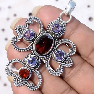 Faceted Garnet Amethyst Gemstone 925 Cross Sterling Silver Handwork Men's Cross - Picture 1 of 7