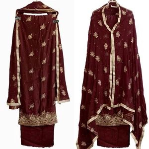DRK BROWN SILK INDIAN PAKISTANI SALWAR KAMEEZ SUIT ZARI EMBR MATERIAL LADIES DEN - Picture 1 of 4
