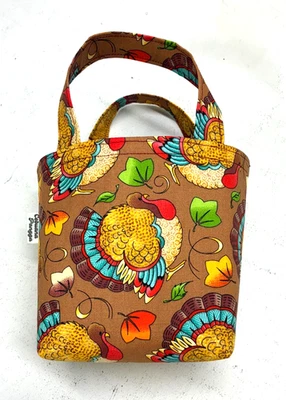 Handmade Fabric Lined Mini Tote Bag/Gift Bag Thanksgiving Turkey Day Brown New - Image 1 of 4