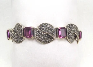 VTG Bracelet Sterling Silver with Amethyst and Marcasite 7.5” Long -3/4” wide - Picture 1 of 10