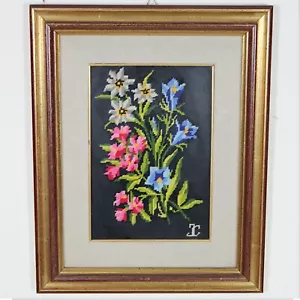 Quadro con fiori mezzo punto ricamo vintage ricamato con lana cornice oro dorata - Picture 1 of 8