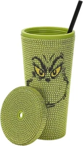 Dr. Seuss Grinch 24oz Rhinestone Green Tumbler Cup – Smirking Face, Straw & Lid - Picture 1 of 5