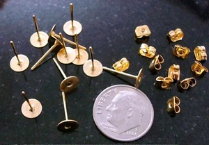 6mm Gold plated steel flat pad earring posts & backs FPE051 - Picture 1 of 3