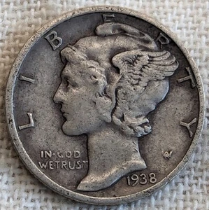 Moneda de diez centavos Mercury XF 1938 D extra fina: baja acuñación 5,5 m (25 k izquierda) - plata fina 0,9  - Imagen 1 de 6