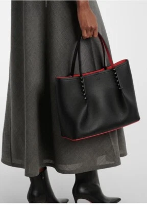 Christian Louboutin CABAROCK Spiked Stud Textured Leather Tote Bag Black Red NWT - Image 1 of 4