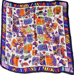 Square 100% Silk Scarf Cartoon Cats — White Theme - Picture 1 of 2