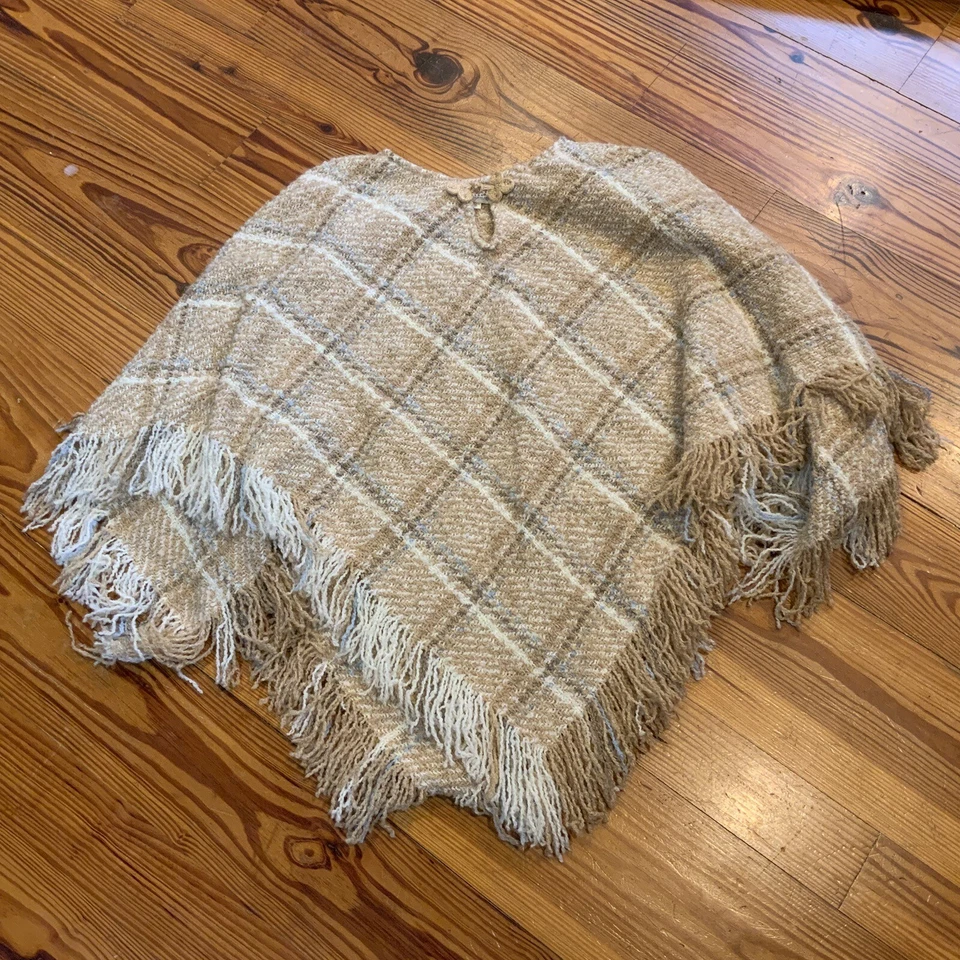 Boyne Valley Weavers of Ireland Wool-Blend Soft Tan Plaid Fringed Poncho - Image 1 of 4