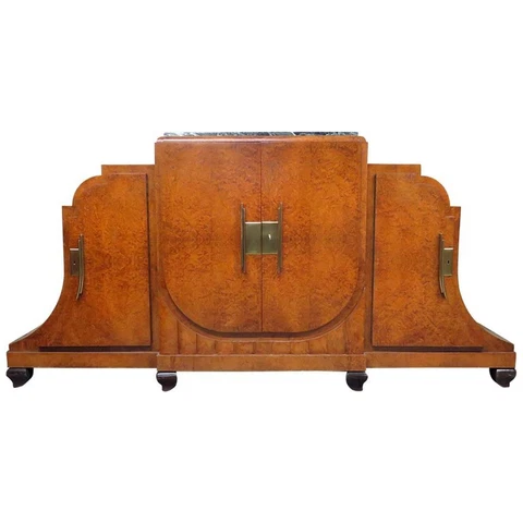Burled Walnut French Leleu Style Art Deco Marble Top Sideboard Server Buffet Cover