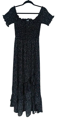 Women's Blue Rain Black Floral Short Sleeve Smocked Top Hi-Lo Hem Maxi Dress L - Image 1 of 4