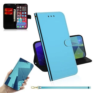 Blue Bling Wallet Phone Case For iPhone Samsung LG Infinix Google Tecno - Picture 1 of 10