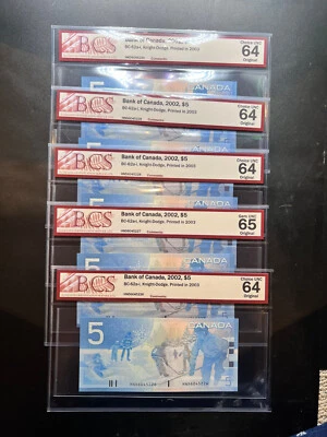 2002 $5 Canada Graded UNC64/5 - 5 Consecutive Notes SN HND5045226-7-8-9-70 - Image 1 of 4