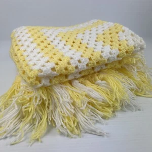Crochet Nana Blanket Handmade Throw Yellow White Tassels Square 110 x 110cm - Picture 1 of 18