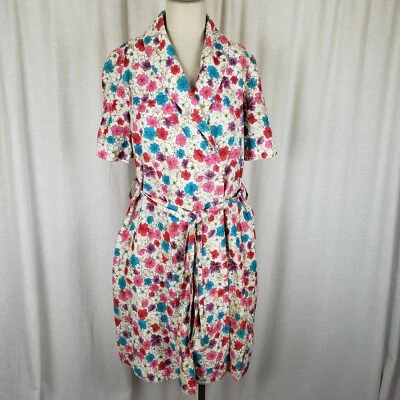 Vintage Handmade Wrap Dress Womens XL Floral Cotton Belted Tie Shawl Collar - Image 1 of 4