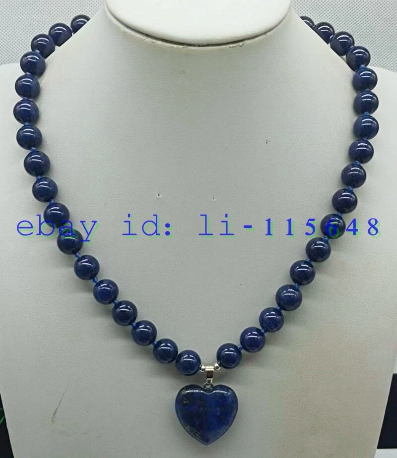 Collar colgante en forma de corazón con cuentas de gema redonda de lapislázuli azul de 10 mm regalo de 18 pulgadas Foto 1 de 1