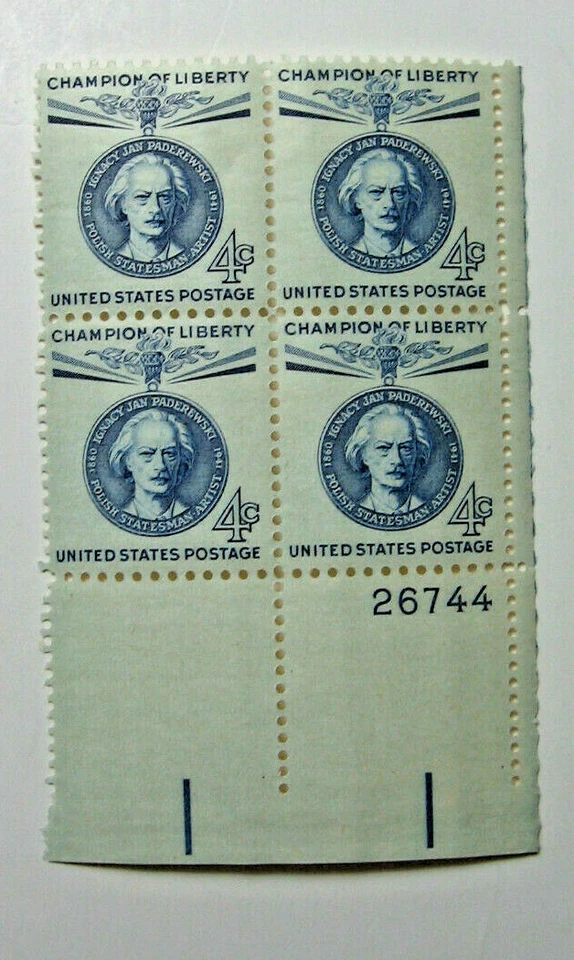 1960 Champion of Liberty - Paderewski 4 Cent U.S. Block of 4 Stamps - Image 1 of 1