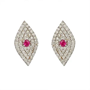 Ruby Gemstone Evil Eye Diamond Pave Stud Earrings 14K Yellow Gold Gift Jewelry - Picture 1 of 6