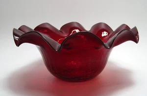 Vintage Blenko Large Bowl 12” Ruffled-Edge Fluted Ruby Crackle Glass - Picture 1 of 6